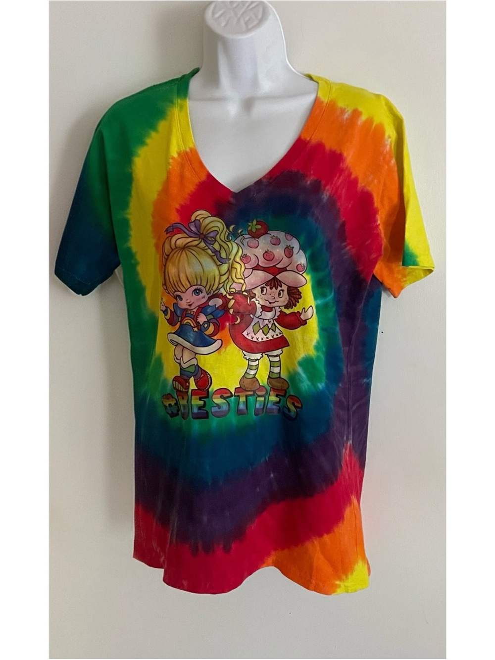 Tie-Dye V-Neck Short Sleeve Tee with Retro Cartoon Print - Multicolor